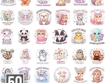 Pacchetto di 50 simpatici cuccioli in formato PNG, clipart di animali kawaii, animali pastello per la cameretta, disegni per sublimazione, download digitale.