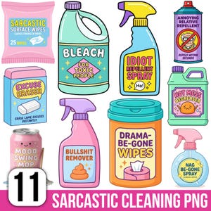Può includere: Una collezione di prodotti per la pulizia umoristici con etichette sarcastiche. Include "Salviette per superfici sarcastiche", "Candeggina per persone tossiche", "Spray repellente per idioti" e "Gomma per scuse". Stile cartone animato, colori vivaci.