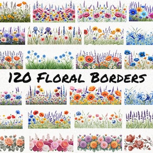 May include: A collection of 120 watercolor floral borders featuring various flowers in vibrant colors. The borders include poppies, lavender, roses, and other blooms, perfect for digital design projects.