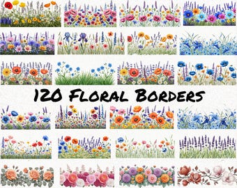 Pacchetto di 120 bordi floreali, bordi floreali ad acquerello, clipart di fiori selvatici, bordi da giardino primaverile, cornici floreali, decorazioni per inviti di matrimonio