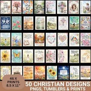 50 Christian PNG Bundle, Bible Verse Wall Art, Christian Tumbler PNG, Faith Quote Prints, Floral Cross PNG, Printable Bible Art