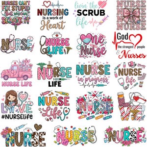 Könnte beinhalten: Eine Sammlung farbenfroher Grafikdesigns mit Text zum Thema Krankenpflege. Die Designs enthalten Sätze wie "Nurse Life", "Nursing is a work of Heart" und "Nurses can't fix stupid". Die Bilder zeigen Stethoskope, Herzen und medizinische Elemente.