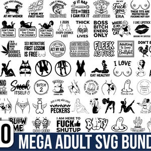 Puede incluir: Un paquete de 80 SVG con varios diseños para adultos. La colección incluye frases humorísticas, ilustraciones y elementos gráficos. Los diseños son en blanco y negro, adecuados para diversos proyectos de manualidades.