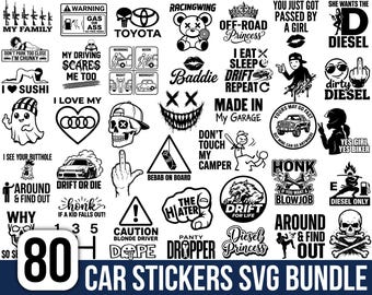 Pacchetto di adesivi per auto in formato SVG, SVG per auto, Pacchetto di adesivi divertenti per auto in formato SVG, SVG per Cricut, PNG per adesivi auto, Citazioni divertenti per auto, Adesivi sarcastici per auto in formato SVG