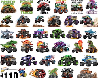 Pacchetto di immagini PNG di monster truck, disegni per sublimazione di camion di grandi dimensioni, camion fuoristrada, monster truck per bambini, clipart di monster truck, clipart di camion, per Cricut