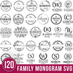 May include: A selection of 120 family monogram SVG designs in black and white. The designs feature various circular and floral frames with family names and initials. The text "FAMILY MONOGRAM SVG" is displayed in a pink banner.