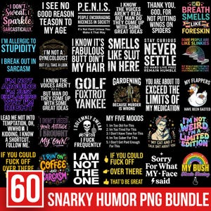 Könnte beinhalten: Eine digitale Sammlung von 60 Grafikdesigns mit humorvollen und sarkastischen Text-Slogans auf schwarzem Hintergrund. Die Designs enthalten verschiedene Schriftarten, Farben und Illustrationen wie ein Skelett, eine Ente, einen Regenbogen und eine Katze.