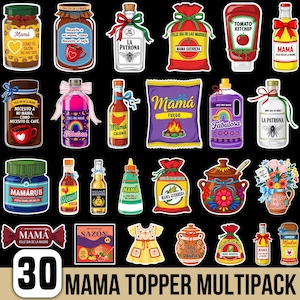 May include: A collection of 30 stickers with various designs and text, including jars, bottles, and bags. The stickers feature phrases like "Mama," "Feliz Dia de las Madres," and "Necesito a mi mama." Colors include red, yellow, and purple.