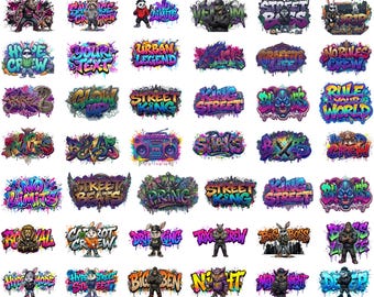 Pacchetto di 50 design artistici per magliette con graffiti in formato PNG, tipografia urbana streetwear in formato SVG, pacchetto grafico con sfondo trasparente