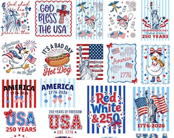 Pacchetto di immagini PNG per il 250° anniversario dell'America, disegni 1776-2026, PNG del 4 luglio, PNG del compleanno dell'America, disegni PNG del 4 luglio, ritagliabili per Cricut