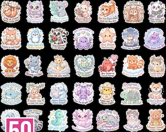 Pacchetto PNG di affermazioni quotidiane con animali kawaii, adesivi con giochi di parole sulla cura di sé, clipart con citazioni di animali felici, fogli di adesivi motivazionali, tazze, design POD.