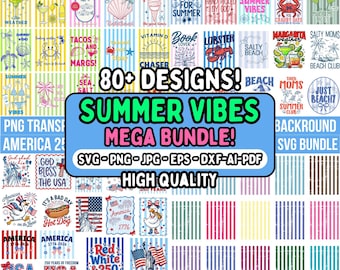 Pacchetto completo Summer Vibes in formato PNG e SVG, Pacchetto Spiaggia Tropicale, Design Magliette Estive Retro, PNG Vacanza Costiera, Mamma in Spiaggia, File di Taglio Cricut
