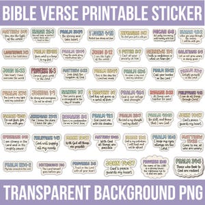 May include: A collection of rectangular stickers featuring various Bible verses in colourful, rounded fonts. Each sticker displays a specific scripture reference and text, such as Matthew 5:14, Isaiah 26:3, and Psalm 31:24, arranged in a grid on a light background.