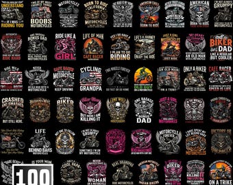 Pacchetto di 100 disegni PNG di moto classiche, disegni per magliette da motociclista, clipart di moto, teschio da motociclista, Andiamo a fare un giro, sublimazione di moto