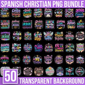 May include: A digital collection of 50 Christian-themed graphic designs featuring Spanish text and colorful illustrations on a black background. The bundle includes various religious phrases, floral motifs, crosses, and hearts, all presented as transparent PNG files.
