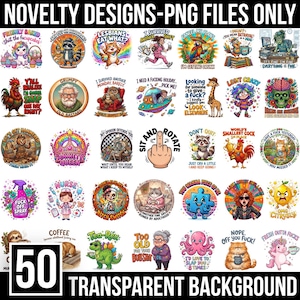 Può includere: Una collezione di 50 design grafici digitali con vari personaggi dei cartoni animati, animali e frasi umoristiche. Le immagini includono illustrazioni di unicorni, gatti, galli, scheletri e creature mitiche, ognuna con sfondi colorati unici e una tipografia audace.