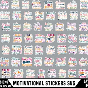 Könnte beinhalten: Eine Sammlung von 100 Motivationsaufklebern mit verschiedenen farbenfrohen Designs und inspirierenden Zitaten. Die Aufkleber zeigen Sätze wie „Sei nett“, „Verfolge deine Träume“ und „Mache heute erstaunlich“. Der Text „Motivational Stickers SVG“ steht unten.