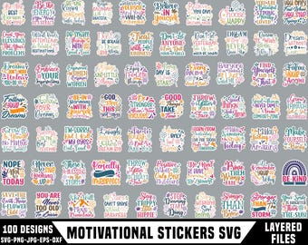 Pacchetto di adesivi motivazionali SVG, 100 citazioni ispiratrici SVG, frasi positive SVG, citazioni sull'amor proprio SVG, file di taglio per Cricut e Silhouette