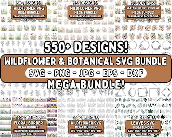 Pacchetto di oltre 550 file SVG di fiori selvatici, mega pacchetto di file SVG e PNG di fiori selvatici, pacchetto di file SVG di foglie, cornici e bordi floreali, compatibili con Cricut e Silhouette.