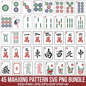 May include: A collection of 45 Mahjong pattern SVG and PNG files. The image displays various tiles with suits, numbers, and Chinese characters in red, green, and black on a white background. The text "45 MAHJONG PATTERN SVG PNG BUNDLE" is at the bottom.