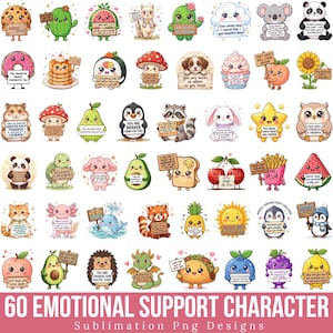 Può includere: Una collezione di sessanta adesivi a cartoni animati colorati raffiguranti vari animali, frutta e cibi, ognuno dei quali tiene un piccolo cartello di legno con un testo motivazionale. I personaggi includono un cactus, un panda, un pinguino, un avocado e un taco.