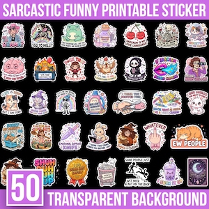 Puede incluir: Una colección de 50 pegatinas imprimibles coloridas, sarcásticas y humorísticas que presentan varios personajes de dibujos animados, animales y frases ingeniosas como 'I am the drama', 'Ew people' y 'Emotional support knife' sobre un fondo negro.