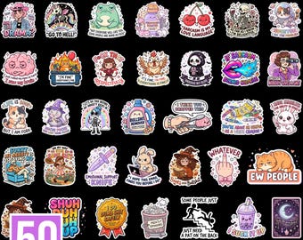 Pacchetto di 50 adesivi stampabili divertenti e sarcastici in formato PNG, adesivi kawaii irriverenti, adesivi con citazioni meme, adesivi divertenti con animali, adesivi umoristici retrò