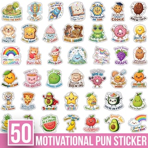 Puede incluir: Una colección de 50 pegatinas de vinilo coloridas con personajes de dibujos animados y alimentos con juegos de palabras motivadores. Cada pegatina incluye texto como Slow and Steady Wins the Race y You're a Smart Cookie con borde blanco.