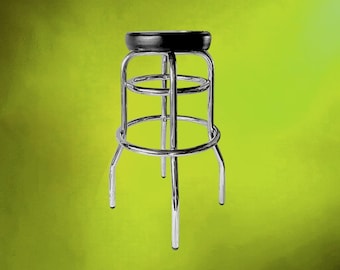 High Tubular Chrome and Black Faux Leather Bistro Style Stool – 1970s/80s