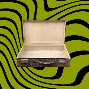 May include: An open vintage suitcase with a brown exterior and a light-colored interior. The suitcase has a handle and two metal latches. The background is a wavy pattern of black and green.