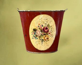 Cesta antigua de metal esmaltado pintada a mano con decoración floral – principios del siglo XX