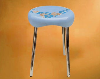 Tabouret Plastic Press en ABS Bleu à Décor Floral - Made in Italy - années 70