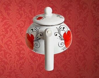 Bouilloire Ancienne En Tôle Émaillée Blanche À Roses Rouges Ikram Allemagne Années 70