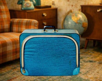 Valise vintage années 50 Skaï bleu tissu chiné bagage rétro bleu laiton doré
