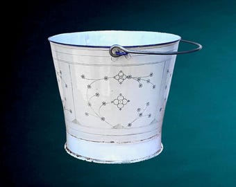 Antiker weißer emaillierter Blecheimer mit Blumendekor, Kopenhagener Stil, 1940er Jahre