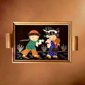 Vintage Wooden and Glass Tray with Asian Decor, Painted Under Glass, 1960s