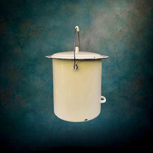 Antique Off-White Enameled Tin Washbasin with Lid and Metal Handle - 1940s-50s