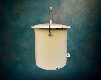 Antique Off-White Enameled Tin Washbasin with Lid and Metal Handle - 1940s-50s