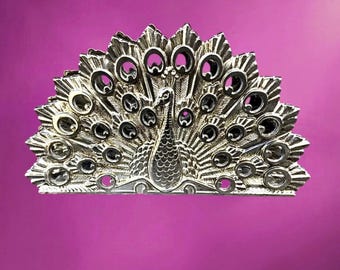 Vintage handdoekrek in de vorm van een pauw, verzilverd metaal – Verzilverd Italië – jaren 70