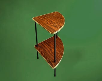 Vintage corner cabinet in wood-effect Formica with gold trim and black metal legs – 1950s/60s