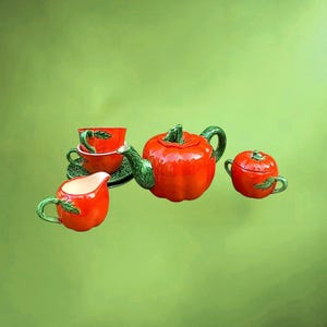 Service à thé vintage tomates céramique italienne – théière tasses pot sucre années 60 70