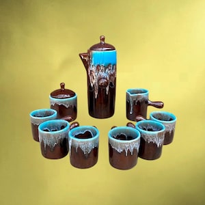 Vintage Vallauris signed coffee service – brown and turquoise glazed ceramic – 1960s