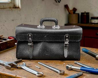 Vintage tool bag in thick black leather – craftsman's case – 1950s 60s