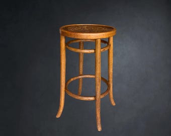 Antique High Bistro Stool in Bentwood with Floral Decoration Top, Thonet Style – Circa 1900
