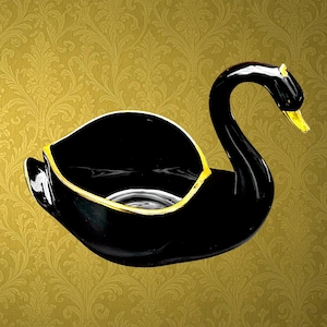 1960年代のヴィンテージ、黒と金のセラミック製白鳥のボウル