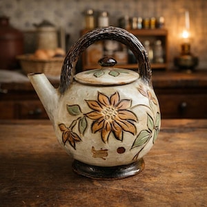 Pode incluir: Um bule de cerâmica com base na cor creme, apresentando um design de girassol em relevo pintado à mão em tons de laranja e verde. O bule possui uma alça texturizada em marrom escuro que lembra casca de árvore, tampa e base correspondentes.