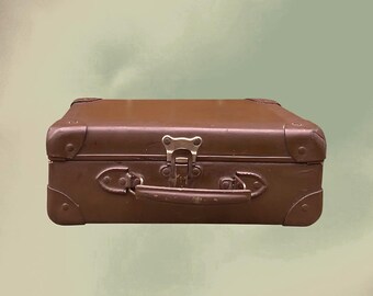 Small Antique Suitcase in Brown Coated Cardboard with Grid Interior – 1950s