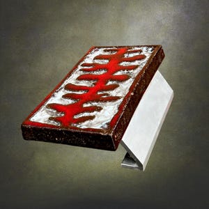 May include: A rectangular cabinet pull featuring a dark brown frame with a textured white and vibrant red central inlay. The handle has a metallic silver mounting bracket attached to the underside, designed for installation on furniture or doors.