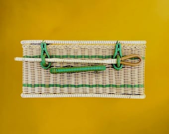 Vintage Green and White Scoubidou Picnic Basket - 1960s