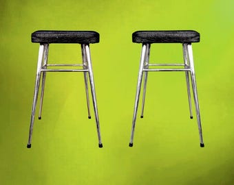 Pair of Brabantia Chrome and Black Faux Leather Stools – 1960s